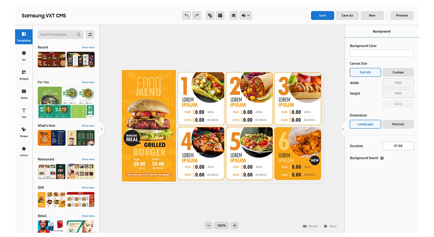 The image shows the user interface of the Samsung VXT CMS for creating digital signage. The central panel displays a food menu template being edited. On the left, a template library is shown with categories like "Restaurant" and "Retail." On the right, a settings panel allows for adjustments to the content's size, orientation, and background.