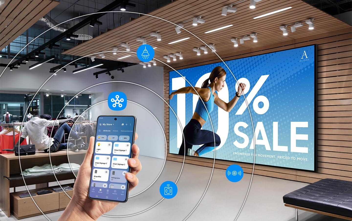 The image shows a hand holding a smartphone with an app that controls a store's systems. In the background, a large digital screen shows a "10% SALE" ad. Wireless signals connect the phone's app to the screen and other store icons, demonstrating a centralized control system.