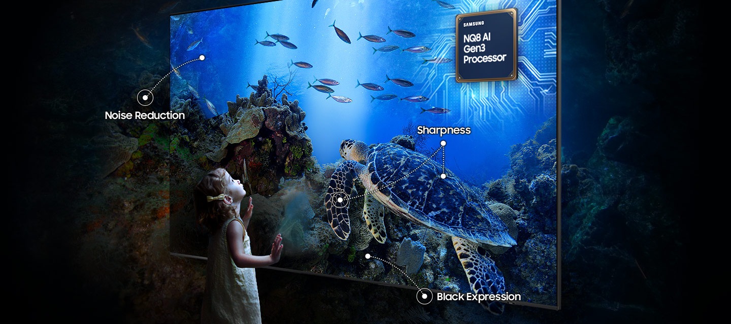 The image is a product graphic for a display screen, featuring a child looking at a lifelike underwater scene of a sea turtle and fish. The text points to specific features of the image, including "Noise Reduction," "Sharpness," and "Black Expression," all powered by the "Samsung NQ8 AI Gen3 Processor" shown in the top right corner.