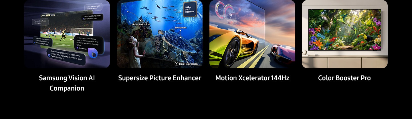 A feature overview, highlighting Samsung Vision AI Companion, Supersize Picture Enhancer, Noise Reduction, Sharpness, Black Expression, NQ4 AI Gen2 Processor, Motion Xcelerator 144Hz and Color Booster Pro.