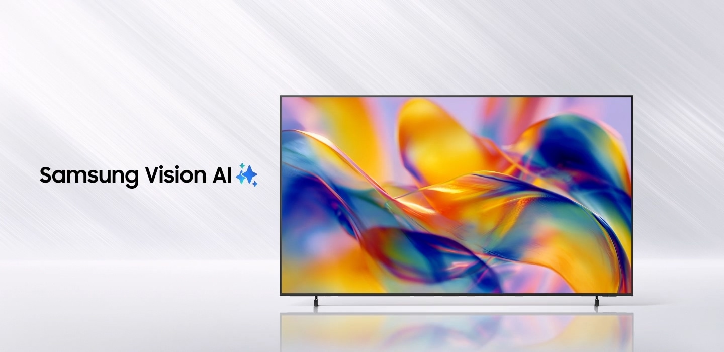 The words Samsung Vision AI is accompanied by the Samsung AI logo. Nearby, a TV turns on to display abstract visuals.