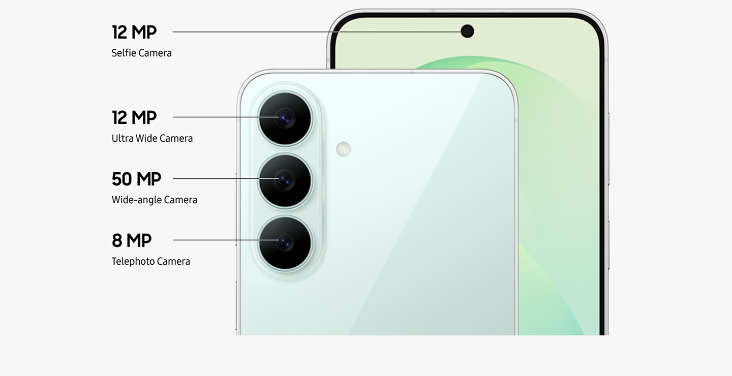 Close-up of the Triple Camera system on the back of Galaxy S26 FE in Pistachio with the Triple Camera lenses falling into place on the camera bump and a close-up of the Front Camera. Galaxy S26 FE is equipped with a 12 MP Ultra Wide Camera, 50 MP Wide-angle Camera and 8 MP Telephoto Camera on the back, and a 12 MP Selfie Camera.