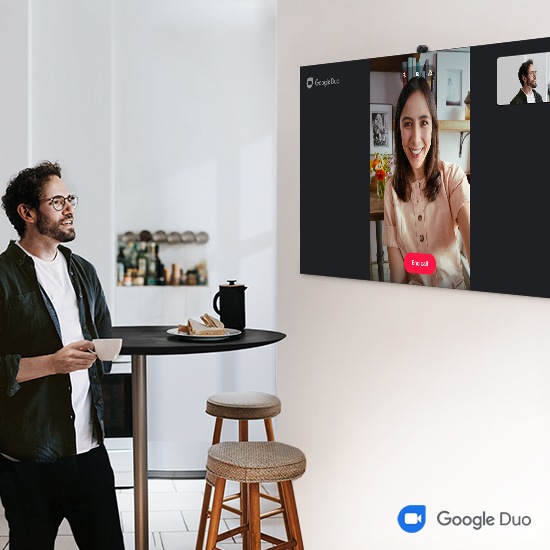 A man is having a video call with a woman via Google Duo.