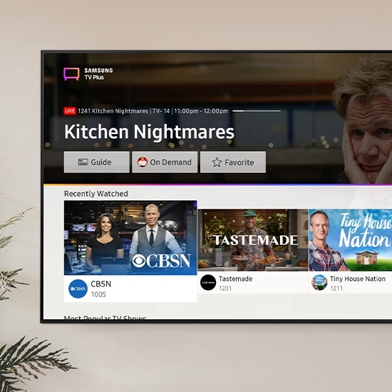 Samsung TV Plus user interface image shows various images of popular content.