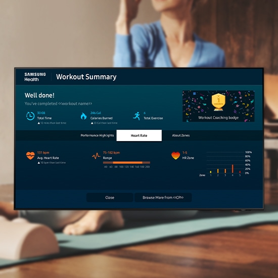 The Samsung Health dashboard shows completed workout summary that says well done, workout coaching badge, performance highlights, heart rate and more.
