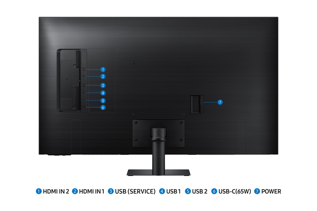 Jackport of 43 inch Samsung Smart Monitor M70D including USB-C(65W), USB (SERVICE), two of USB, two of HDMI IN, and power.