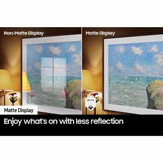 The left side of the screen with the word 'Non-Matte Display' shows The Frame displaying an artwork full of reflections. The right side of the screen with the words 'Matte Display' shows The Frame with the same painting that has no glare. A glare-free certified logo that Reflection Glare UGR < 10 Discomfort Glare UGR < 22 Disability Glare UGR < 34 is on the lower left side.