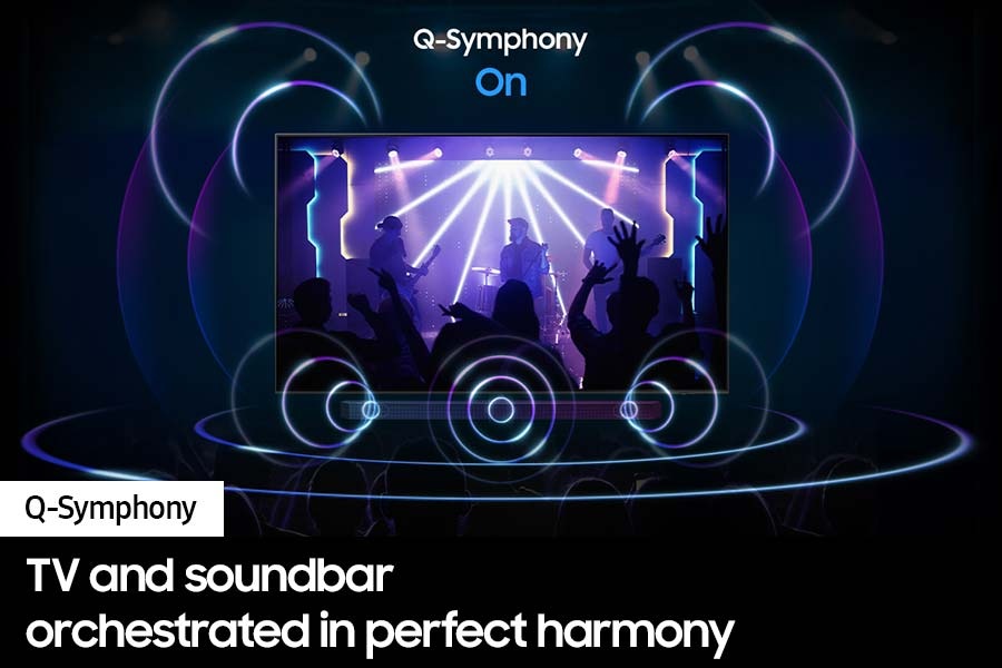 The Q-Symphony is turned on and the Soundbar and TV are activated.