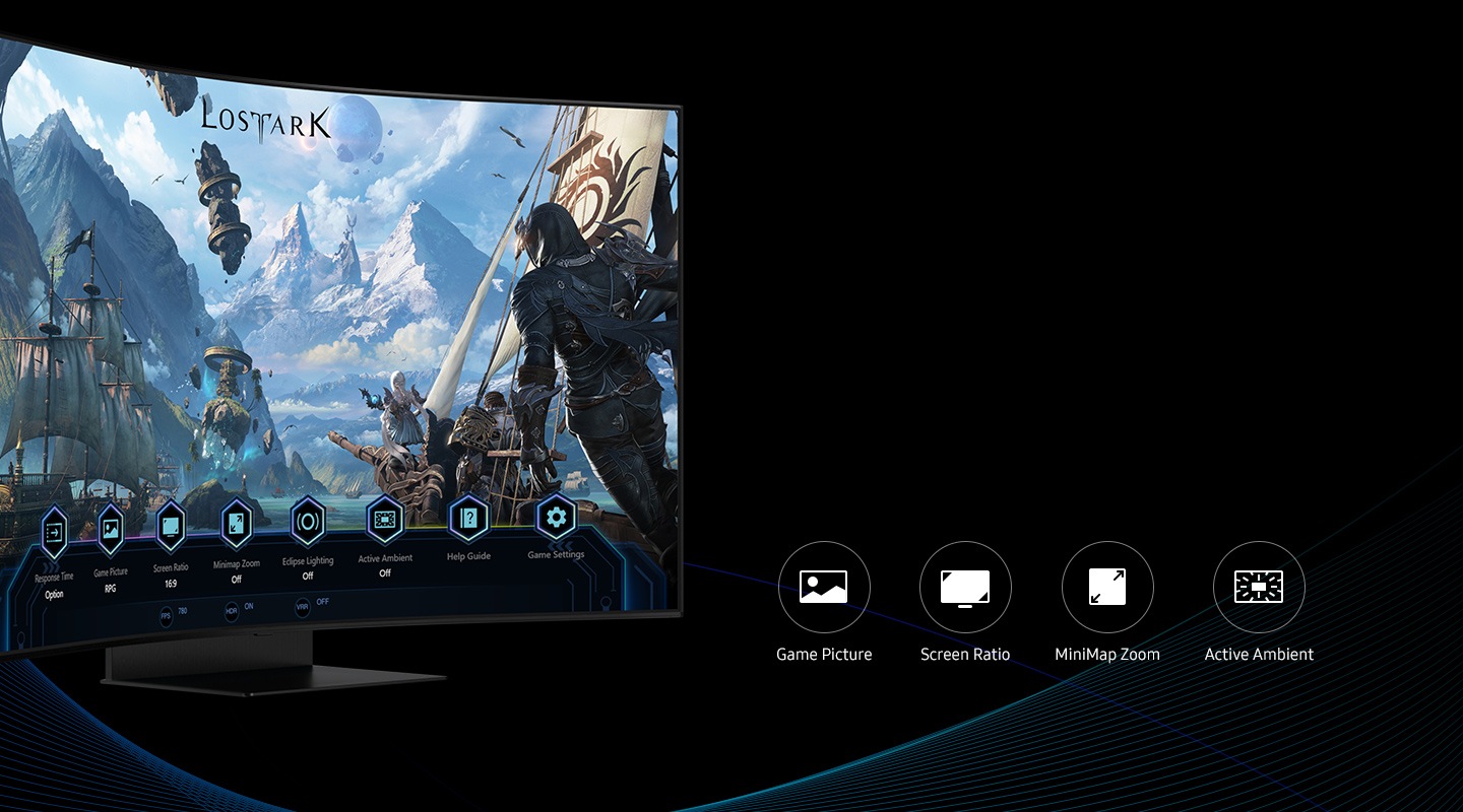 At the bottom of the screen is a toolbar showing eight icons, demonstrating the Game Bar feature. The game title logo  Lost Ark is placed in the upper side of the screen, with 4 different logos in the background, each for Game Picture, Screen Ratio, Minimap Zoom, Active Ambient.