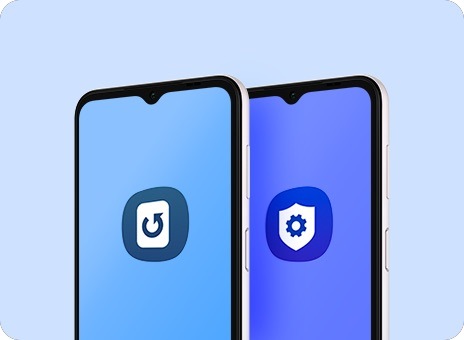 Deux Galaxy M14 5G en argent sont côte à côte. Sur l'écran du premier appareil se trouve l'icône de mise à jour du logiciel. Sur l'écran du deuxième appareil, l'icône des paramètres avancés de Knox s'affiche.
