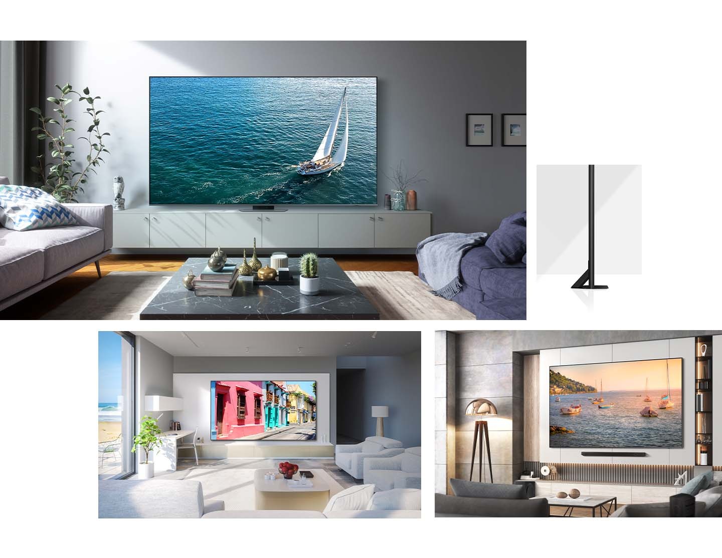 (PC ver.)
At the top, a 98" Neo QLED TV is in the living room presenting a boat on the sea. Next to it, the side profile of the TV is showcased. Below is another view of the TV hanging on the wall, displaying vibrant houses. Lastly, the TV on the wall displays numerous boats on the sea with a soundbar below.

(MO ver.)
At the top, a 98" Neo QLED TV is in the living room presenting a boat on the sea. Below, the side profile of the TV is showcased, along with another view of the TV hanging on the wall, displaying vibrant houses. Lastly, the TV on the wall displays numerous boats on the sea. Below is a soundbar.