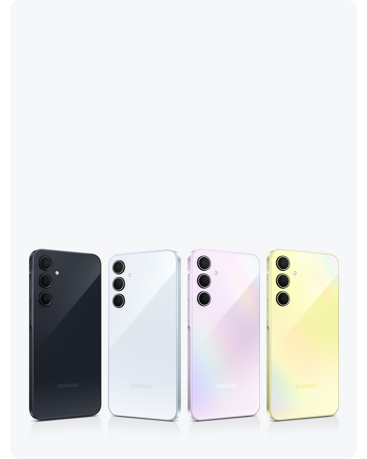 Four Samsung smartphones in a row with varying colors: Awesome Navy, Awesome Iceblue, Awesome Lilac, and Awesome Lemon. Each phone features a 3-camera layout on the back.