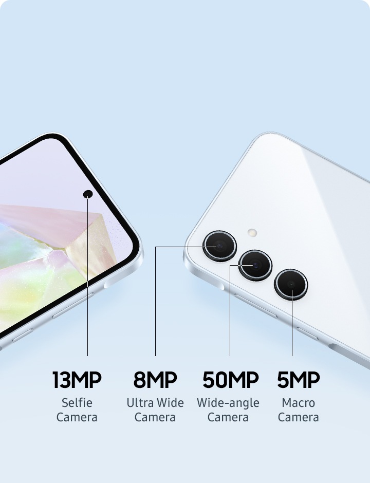 Close-up of the upper section of two smartphones are showing the front-facing 13MP selfie camera, a 8MP Ultra-Wide Camera, a 50MP Wide-angle Camera, and a 5MP Macro Camera.