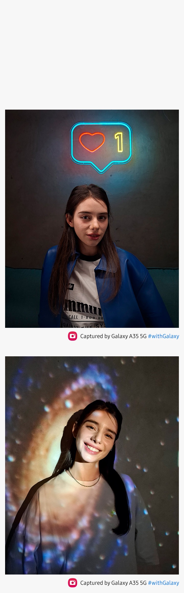 'Two portraits in low-light conditions. First portrait: A person sits. a neon above her head. Second portrait: the person is smiling, superimposed with a cosmic galaxy effect light. Text reads Captured by Galaxy A35 5G #withGalaxy.