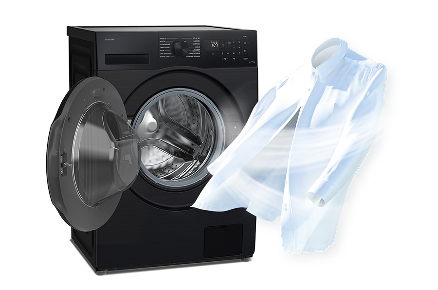 The door of the washing machine is open and air stream is surrounding shirts.