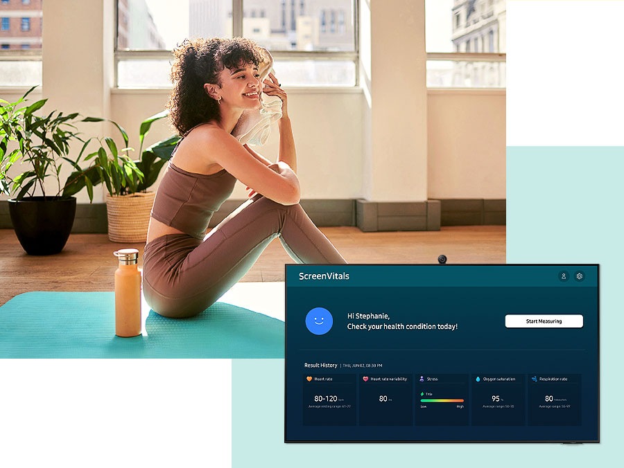 A woman measures her vitals after a workout. A personalized ScreenVitals screen shows various vital sign measurements and her "Result History."