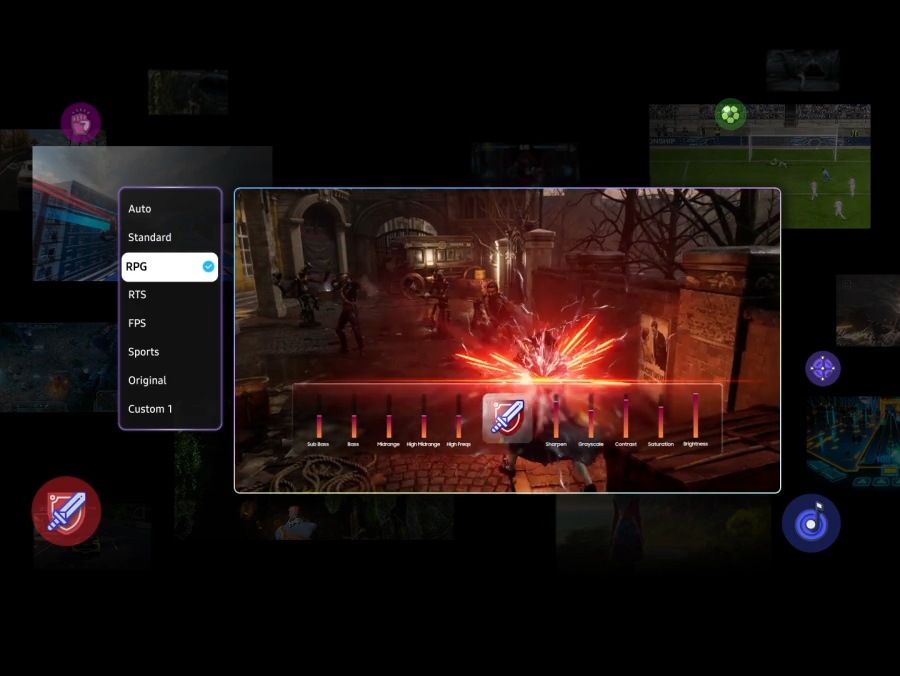 The TV's AI detects that the game on screen is an RPG and optimizes various settings to match. The screen changes over to a sports game. The TV's AI detects the new game genre and re-optimizes the settings to match.