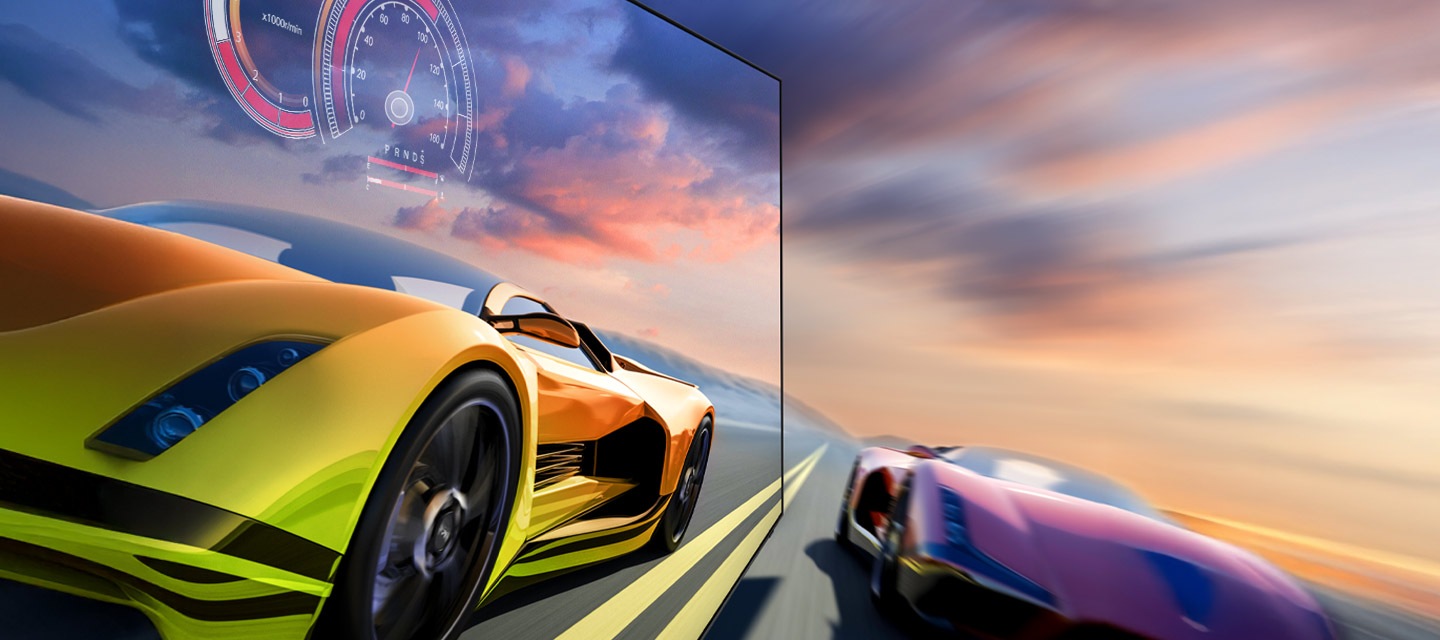 2 race cars are racing on a track. 1 looks clearer than the other and is going faster.