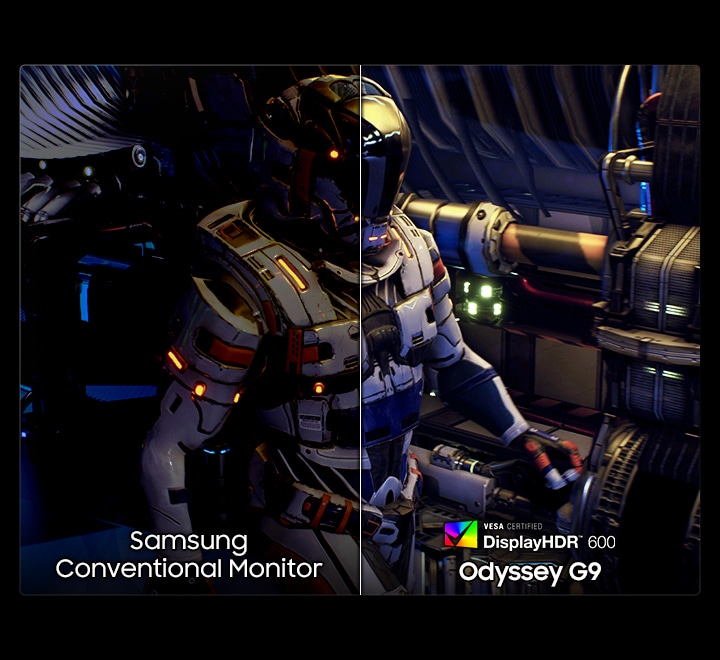 A character inside spacecraft. Samsung Conventional Monitor shows a dimmer image compared to DisplayHDR 600 Odyssey G9.