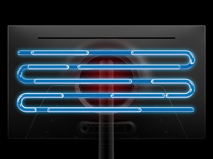 Back of monitor turns red due to heat. X-ray view shows coolant inside heat pipe. Back panel turns blue as if cooled.