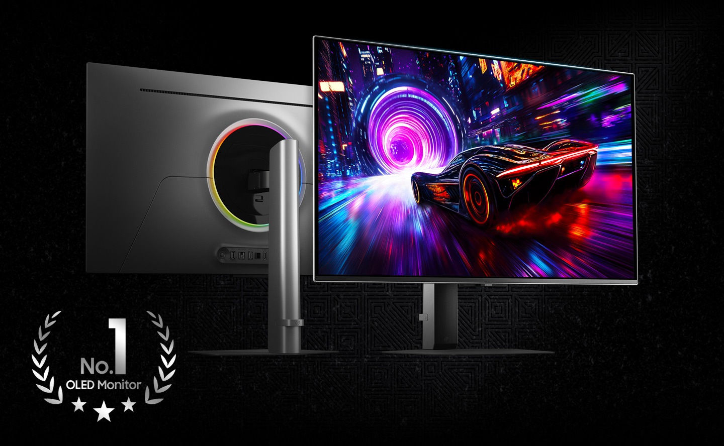 Odyssey OLED G8 front and back monitors. Screen shows a car racing towards a purple tunnel. No.1 OLED Monitor logo.