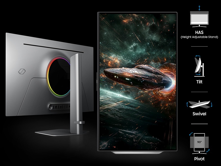 Back panel of monitor and vertical screen shows spacecraft entering the universe. HAS (Height Adjustable Stand), Tilt, Swivel, 90° Pivot.