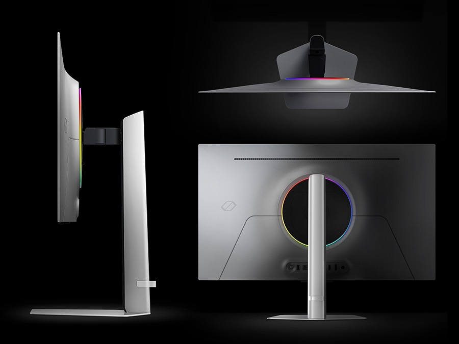 A side view of a detached monitor and stand, a bird view of the monitor and a full view of the back panel.