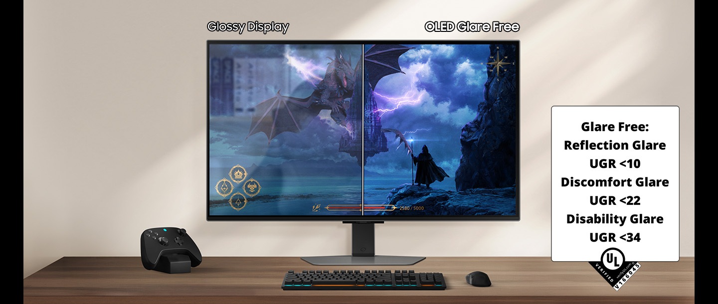 Monitor with gaming setup. Reflections can be seen on gaming scene with Glossy Display. OLED Glare Free shows clear image. OLED Glare Free: Reflection Glare UGR <10, Discomfort Glare UGR <22, Disability Glare UGR <34.