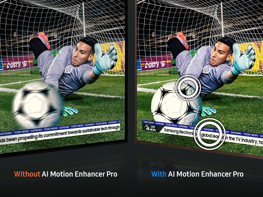 TVs show football scene. Ball and text are blurred without AI Motion Enhancer Pro, but clear with AI Motion Enhancer Pro.