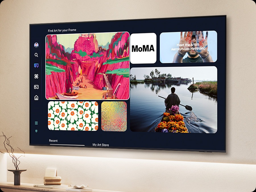 A TV screen displays the Samsung Art Store, which shows several different options for paintings.