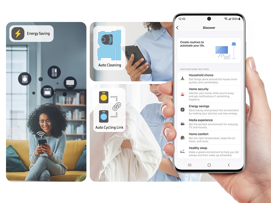 A person is using the SmartThings app and automates life by creating routines such as energy saving, auto cleaning and auto cycling link.