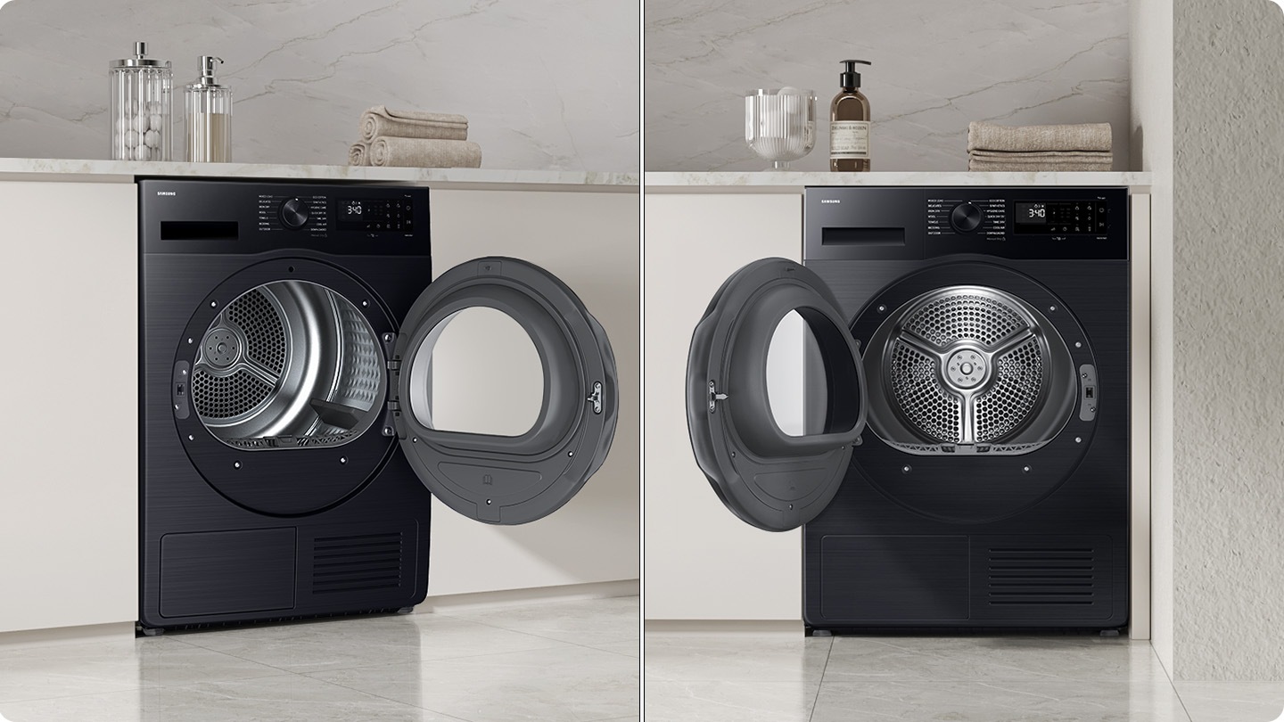 The doors of the same two dryer open in different directions. It shows the reversible door feature at a glance.