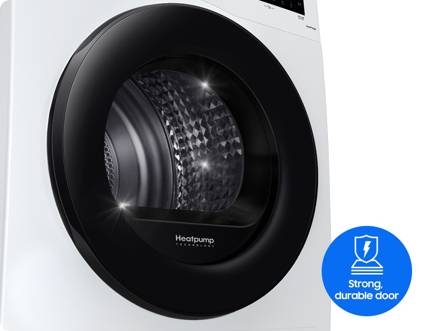 Tempered Glass Door of drying machine with a view of the inside. The Icon shows strong and durable door.