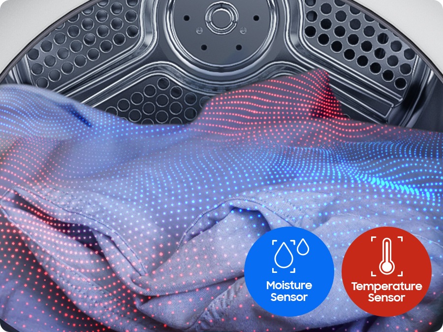 The Moisture sensor monitors the moisture level of the laundry and temperature sensor controls the drying temperature appropriately.