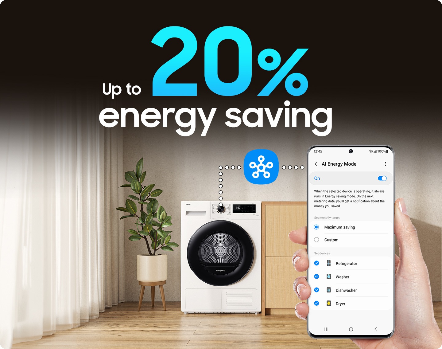 A person use AI Energy mode for dryer via SmartThings app. AI ​​Energy Mode is activated by checking the mode button to 'On' and selecting the device you want to run. AI Energy mode does energy saving up to 20%.