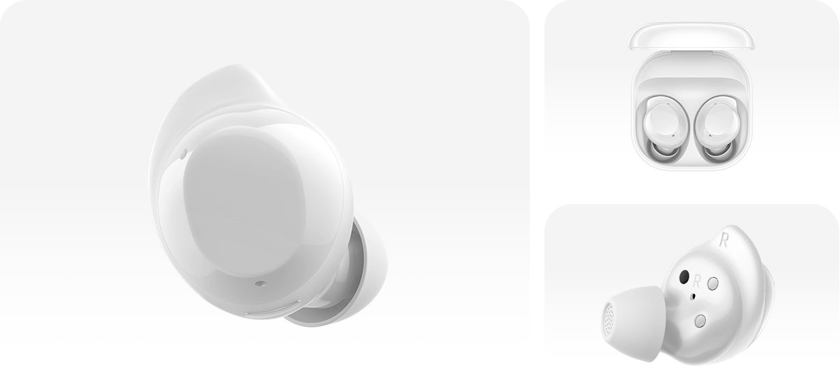 A single, white colored Galaxy Buds Core earbud. White Galaxy Buds Core in their charging case. A single, white colored Galaxy Buds Core earbud highlighting the ear tip and side that faces the ear.