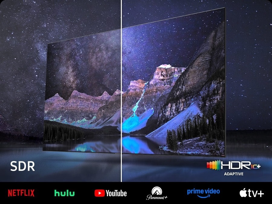 Neo QLED TV is displaying mountains and a starry night. The scene after applying HDR 10+ ADAPTIVE technology is much brighter and crisper than the SDR version.