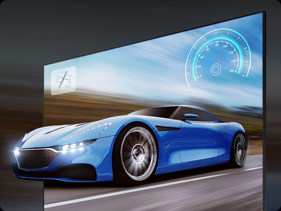 The blue car on the TV screen looks clear and visible on the TV due to motion xcelerator 120hz technology.