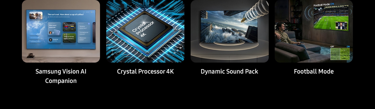 A feature overview, highlighting Samsung Vision AI Companion, Crystal Processor 4K, Dynamic Sound Pack and Football Mode.