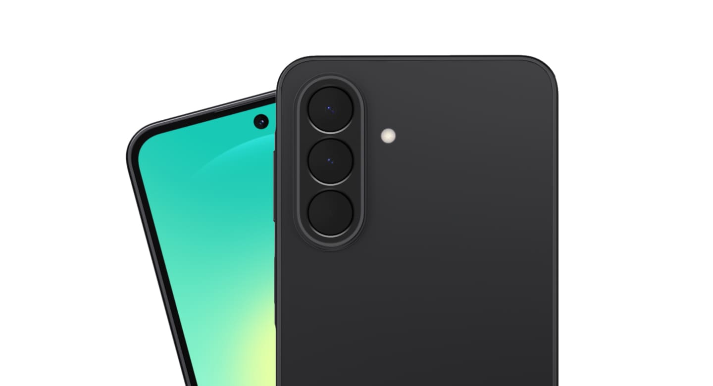 Galaxy A27 5G in Black spinning around to showcase the sleek phone design. Close-up of the back and front of Galaxy A27 5G in Black with light shimmering across the glossy glass finish.