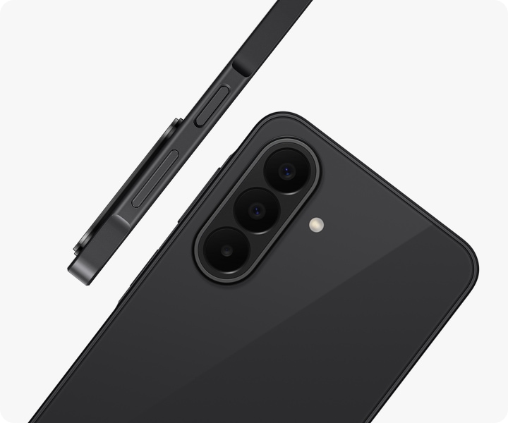 Galaxy A27 5G in Black is seen at an angle from the back, highlighting the camera bump with the Triple Camera. Another Galaxy A27 5G in Black is shown from the side view, highlighting the slim design.