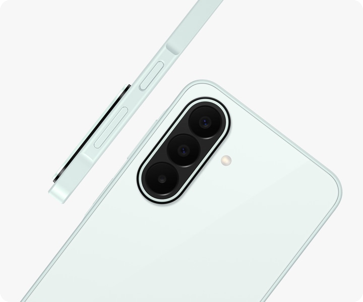 Galaxy A27 5G in Light Green is seen at an angle from the back, highlighting the camera bump with the Triple Camera. Another Galaxy A27 5G in Light Green is shown from the side view, highlighting the slim design.