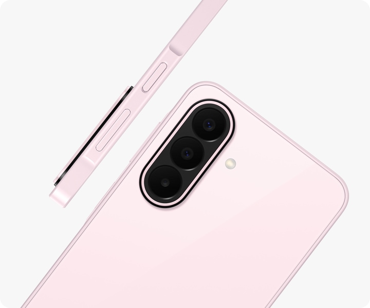 Galaxy A27 5G in Light Pink is seen at an angle from the back, highlighting the camera bump with the Triple Camera. Another Galaxy A27 5G in Light Pink is shown from the side view, highlighting the slim design.