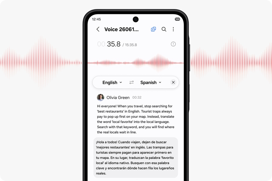 Galaxy A27 5G displaying a voice transcription of Olivia's travel tips for finding hidden local restaurants and accommodation, translated from English to Spanish. The text, 'Hi everyone! When you travel, stop searching for 'best restaurants' in English. Tourist traps always pay to pop up first on your map. Instead, translate the word 'local favorite' into the local language. Search with that keyword, and you will find where the real locals wait in line.