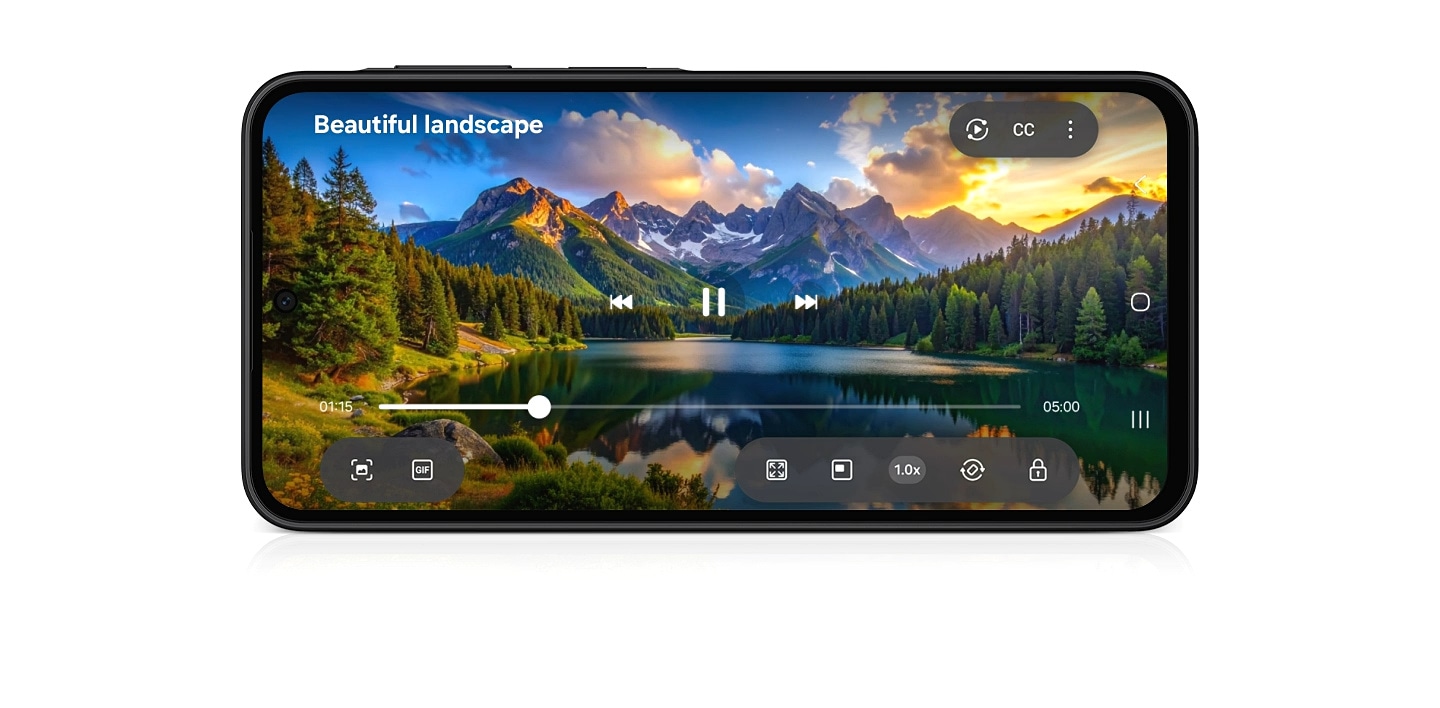 Galaxy A27 5G's 6.7-inch display shows a video of a natural landscape with mountains and a river in bright, high clarity. Moving clouds are reflected on the river below.