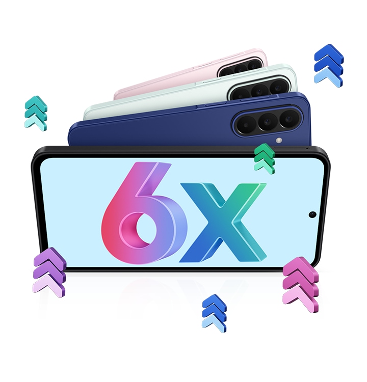 Three Galaxy A27 5G devices in various colors shown from the back, overlapping each other. Another Galaxy A27 5G shown facing forward in landscape mode with onscreen text 6x, signifying that Galaxy A27 5G includes 6 times OS upgrades and 6 years of security upgrades.