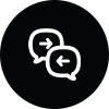 A two-way speech bubble icon representing Conversation Mode. A Samsung Galaxy device with Interpreter open showing the French source text. Below the French source text is the English interpretation. The English interpretation shows Hi. I'm here for the guide today and I can't wait. in written text.