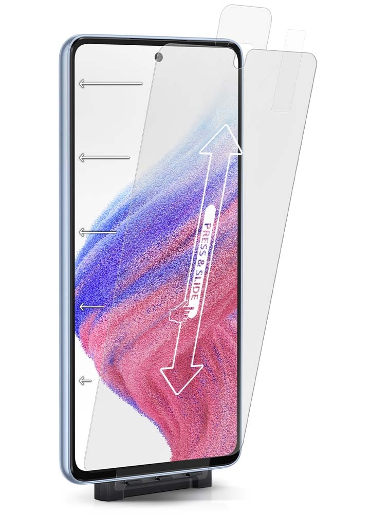 To highlight easy installation, the Tempered Glass Screen Protector is connected at the bottom of the phone but tilted at an angle off of the applicator so it’s not completely connected to the top of the Galaxy A53 5G. The Tempered Glass Screen Protector would just need to be pushed at the top to perfectly fit on the phone.