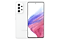 3. Galaxy A53 5G in Awesome White seen from the front with a colorful wallpaper onscreen. It spins slowly, showing the display, then the smooth rounded side of the phone with the SIM tray, then the matte finish and the minimal camera housing on the rear and comes to a stop at the front view again.