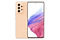 4. Galaxy A53 5G in Awesome Peach seen from the front with a colorful wallpaper onscreen. It spins slowly, showing the display, then the smooth rounded side of the phone with the SIM tray, then the matte finish and the minimal camera housing on the rear and comes to a stop at the front view again.